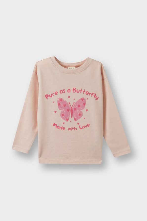Girls' Long Sleeve Butterfly Print Crew Neck T-Shirt