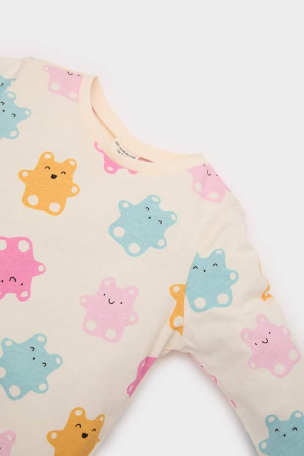 Girls' Baby Pajama Set with Bear Print Long Sleeve Top and Elastic Waist Long Pants