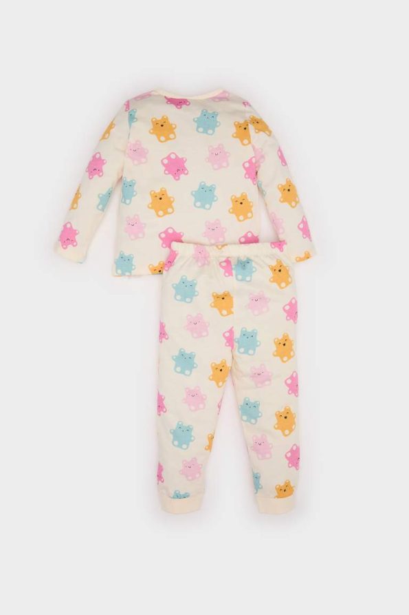 Girls' Baby Pajama Set with Bear Print Long Sleeve Top and Elastic Waist Long Pants
