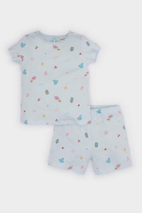 Girls' Baby Pajama Set with Short Sleeve Printed Top and Elastic Waist Shorts