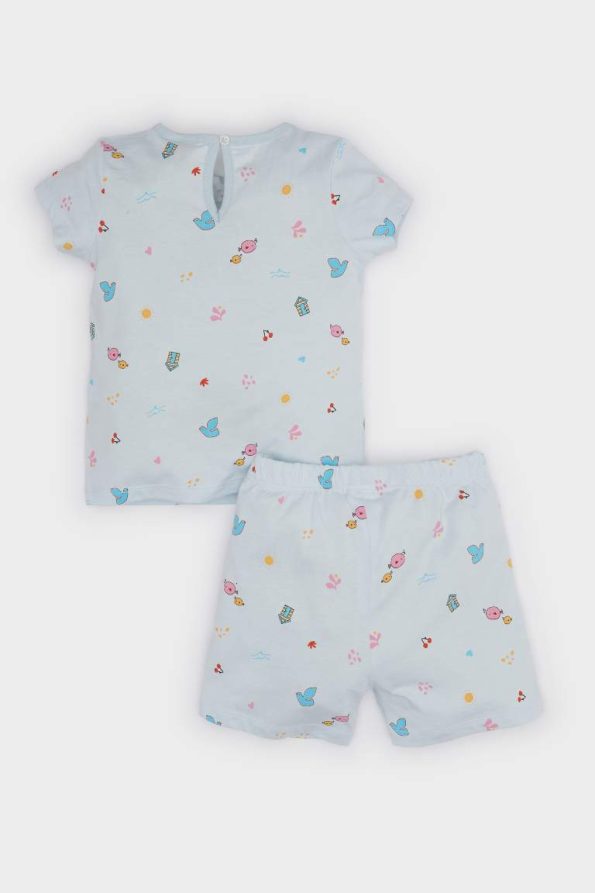 Girls' Baby Pajama Set with Short Sleeve Printed Top and Elastic Waist Shorts