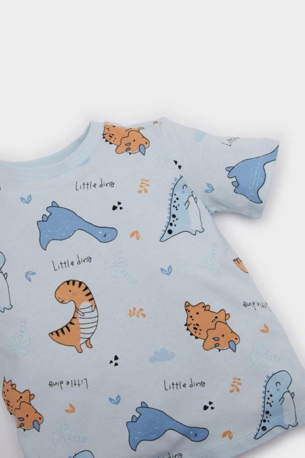 Boys' Dinosaur Print Short Sleeve Pajama Set with Elastic Waist Shorts