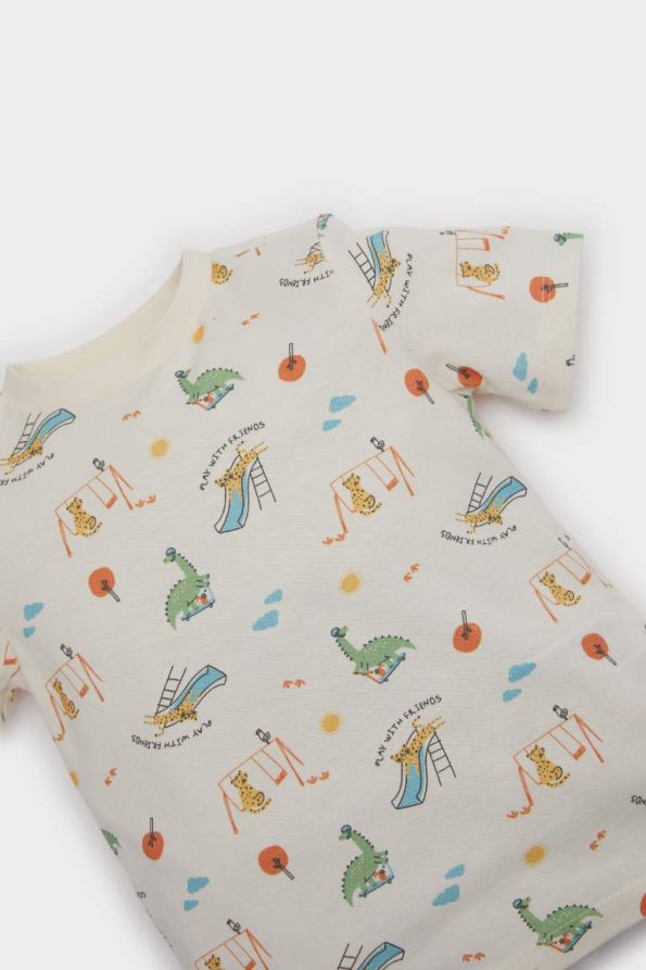Boys' Dinosaur Print Short Sleeve Pajama Set with Elastic Waist Shorts