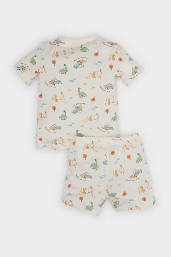 Boys' Dinosaur Print Short Sleeve Pajama Set with Elastic Waist Shorts