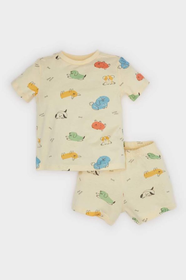 Boys' Short Sleeve Pajama Set with Patterned Top and Elastic Waist Shorts