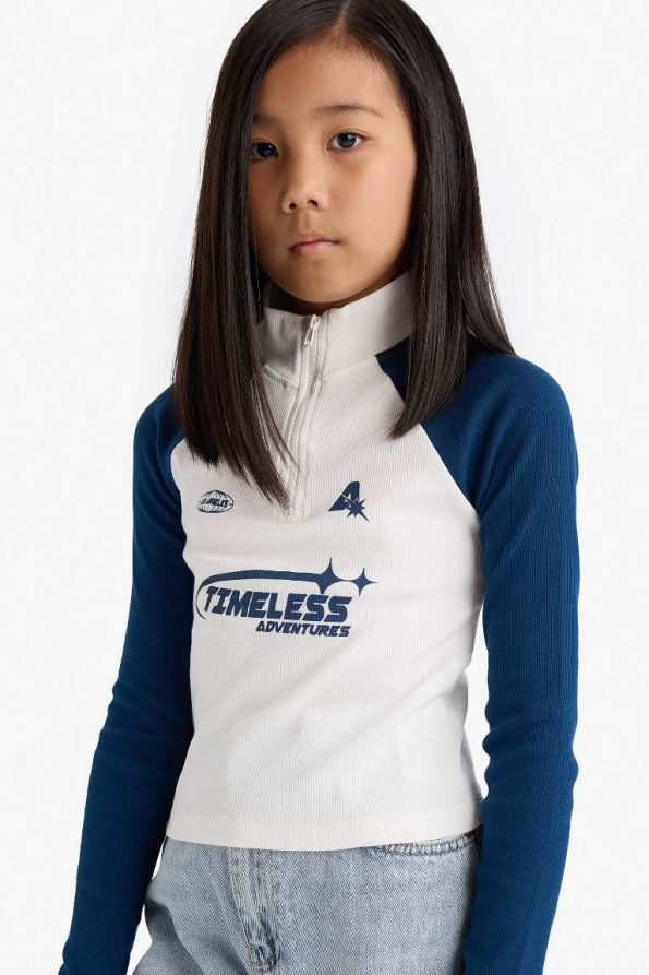 Girls' Fitted High Collar Zippered Printed Ribbed Long Sleeve T-Shirt