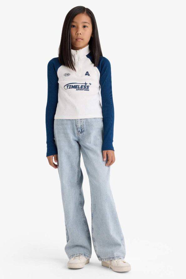 Girls' Fitted High Collar Zippered Printed Ribbed Long Sleeve T-Shirt