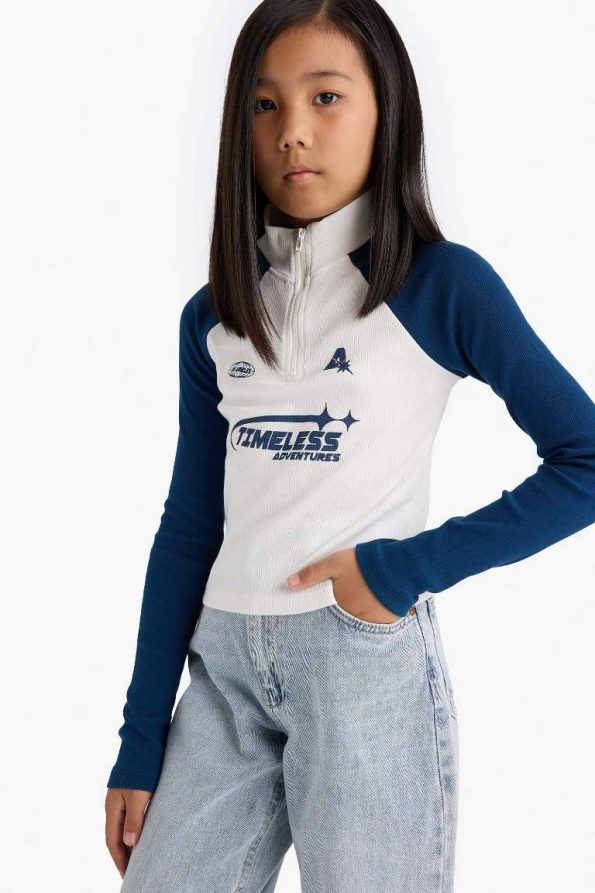 Girls' Fitted High Collar Zippered Printed Ribbed Long Sleeve T-Shirt
