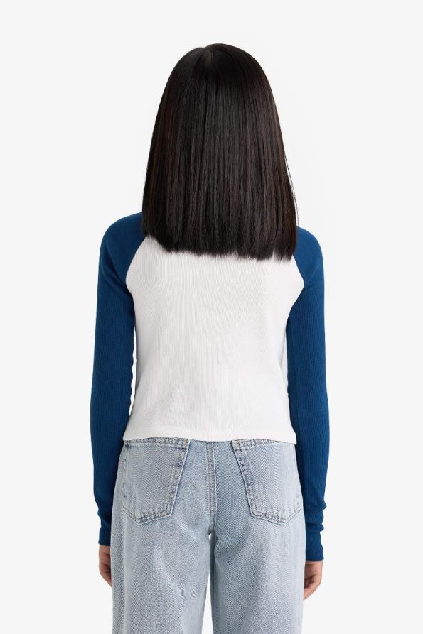 Girls' Fitted High Collar Zippered Printed Ribbed Long Sleeve T-Shirt