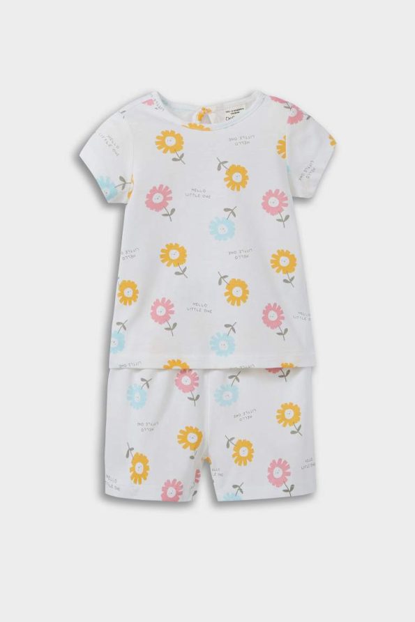 Girls' Floral Print Short Sleeve Pajama Set with Elastic Waist Shorts
