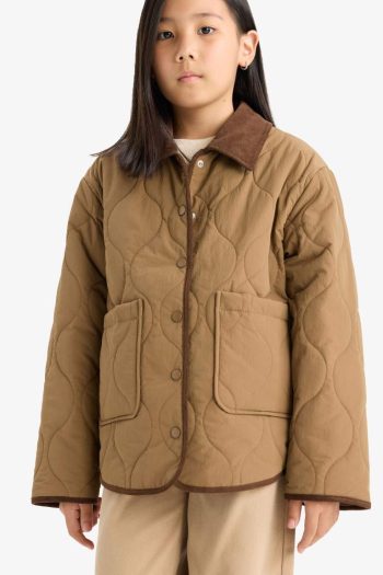 Girls' Windproof Contrast Collar Snapped Padded Jacket
