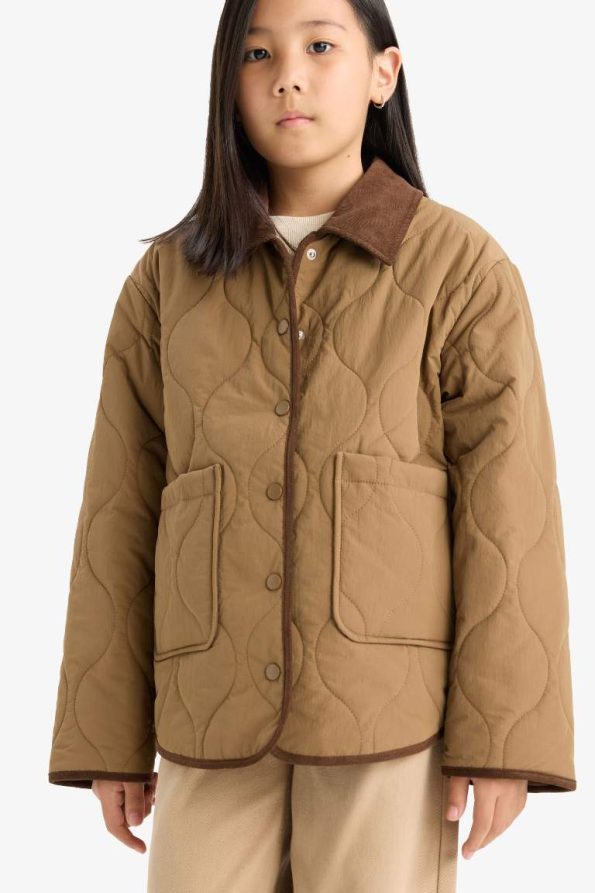 Girls' Windproof Contrast Collar Snapped Padded Jacket