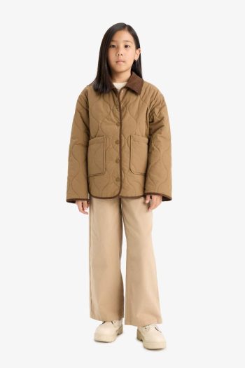 Girls' Windproof Contrast Collar Snapped Padded Jacket