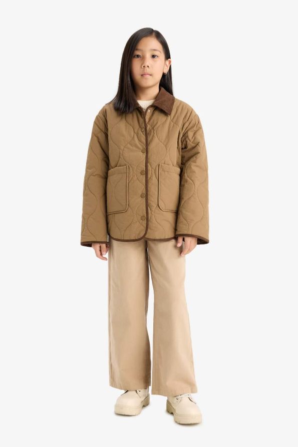 Girls' Windproof Contrast Collar Snapped Padded Jacket
