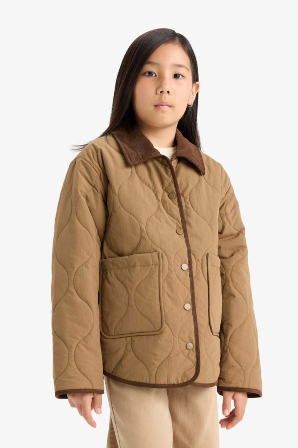 Girls' Windproof Contrast Collar Snapped Padded Jacket