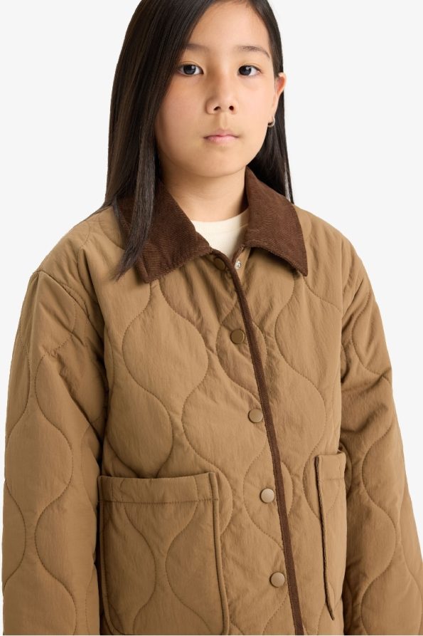 Girls' Windproof Contrast Collar Snapped Padded Jacket