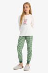 Girls' Printed Long Sleeve Pajama Set with Checked Pants