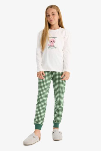 Girls' Printed Long Sleeve Pajama Set with Checked Pants