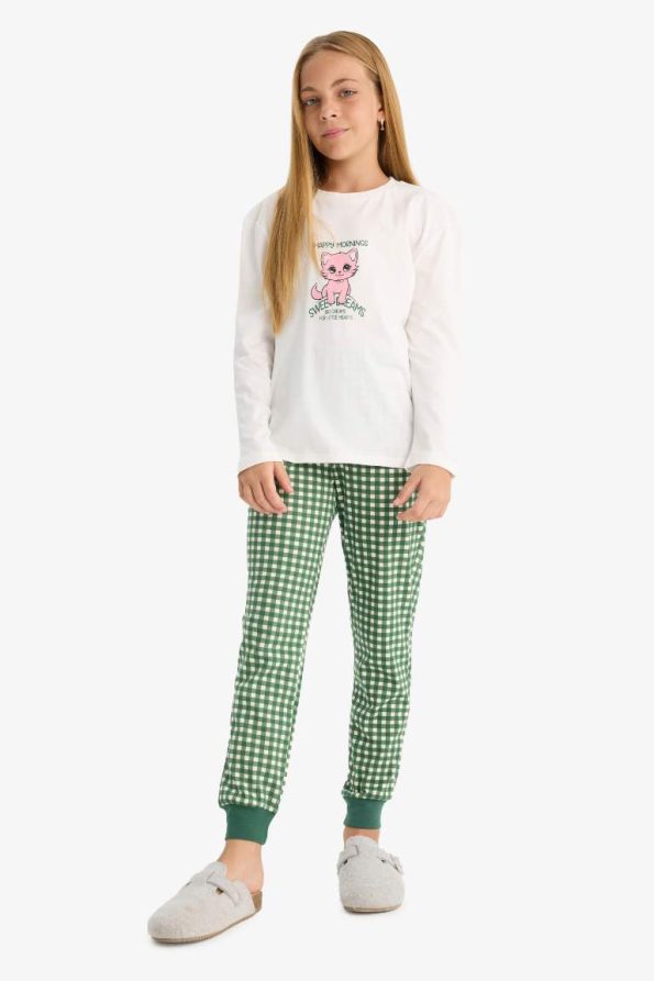 Girls' Printed Long Sleeve Pajama Set with Checked Pants