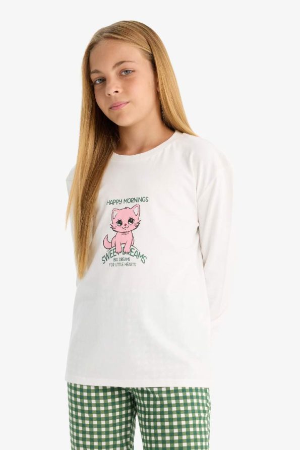 Girls' Printed Long Sleeve Pajama Set with Checked Pants