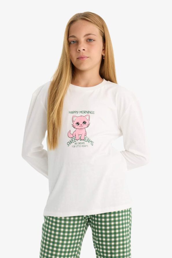 Girls' Printed Long Sleeve Pajama Set with Checked Pants