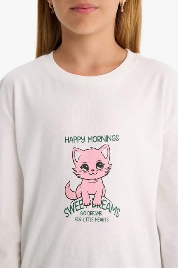 Girls' Printed Long Sleeve Pajama Set with Checked Pants