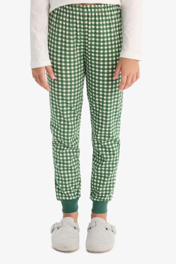 Girls' Printed Long Sleeve Pajama Set with Checked Pants