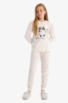 Girls' Pajama Set with Dog Print Long Sleeve Top and Patterned Long Pants