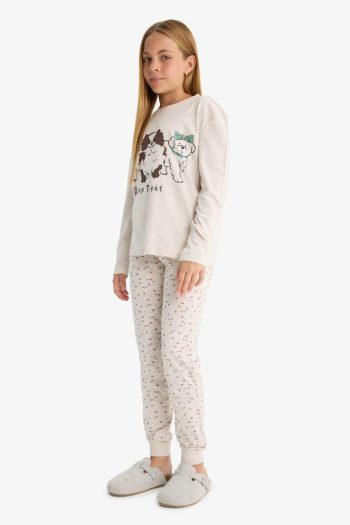 Girls' Pajama Set with Dog Print Long Sleeve Top and Patterned Long Pants