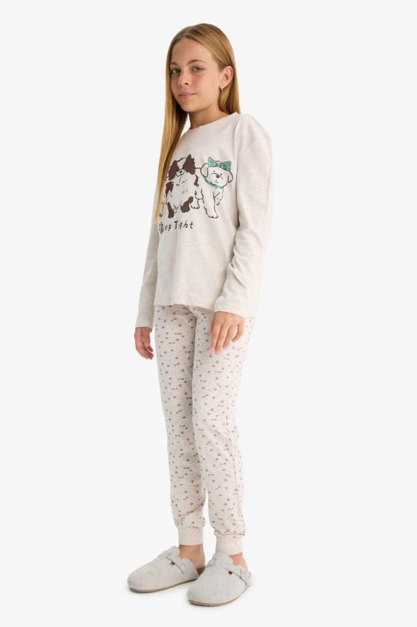 Girls' Pajama Set with Dog Print Long Sleeve Top and Patterned Long Pants