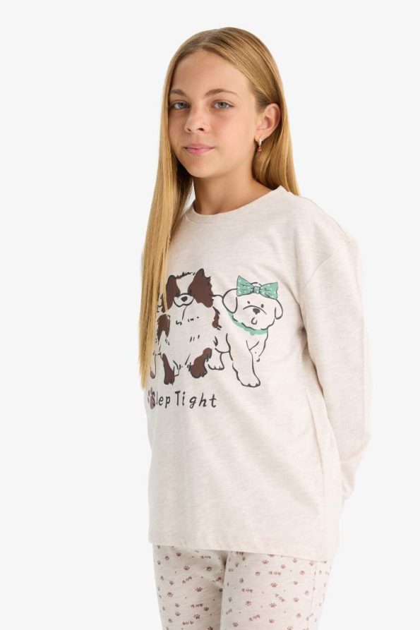 Girls' Pajama Set with Dog Print Long Sleeve Top and Patterned Long Pants
