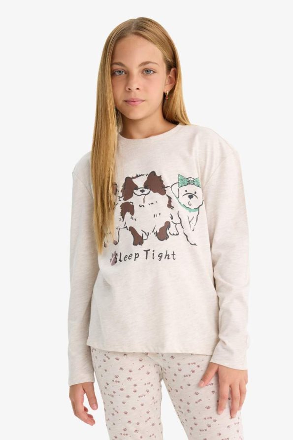 Girls' Pajama Set with Dog Print Long Sleeve Top and Patterned Long Pants