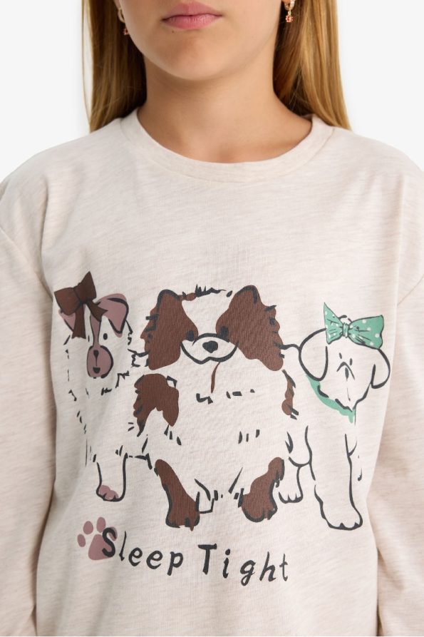 Girls' Pajama Set with Dog Print Long Sleeve Top and Patterned Long Pants