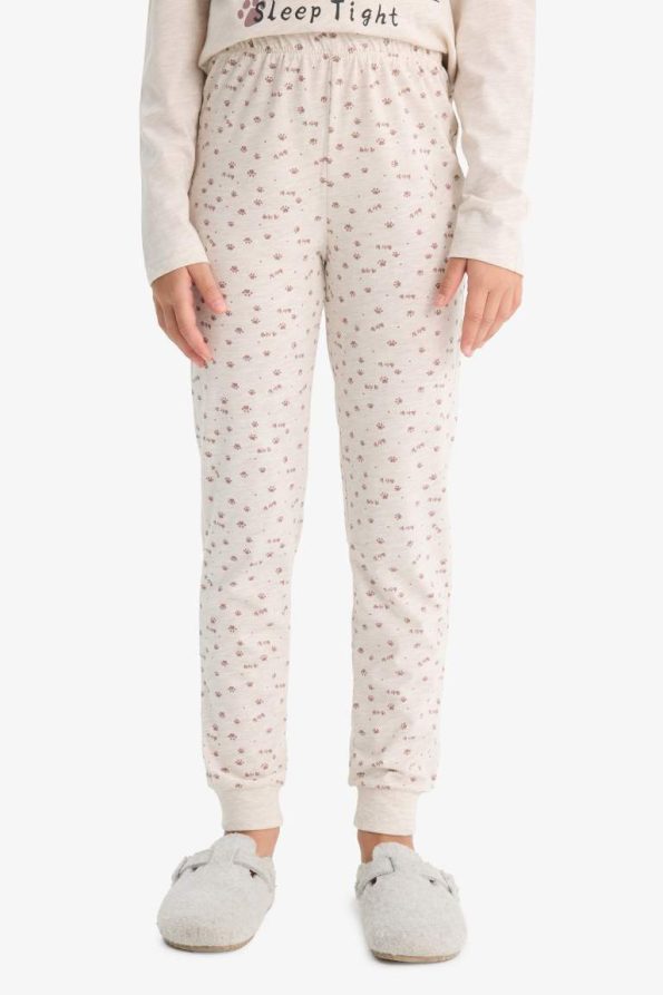 Girls' Pajama Set with Dog Print Long Sleeve Top and Patterned Long Pants