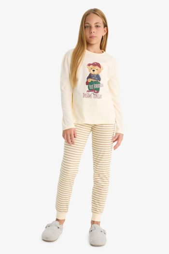 Girls' Printed Long Sleeve Pajama Set with Striped Pants
