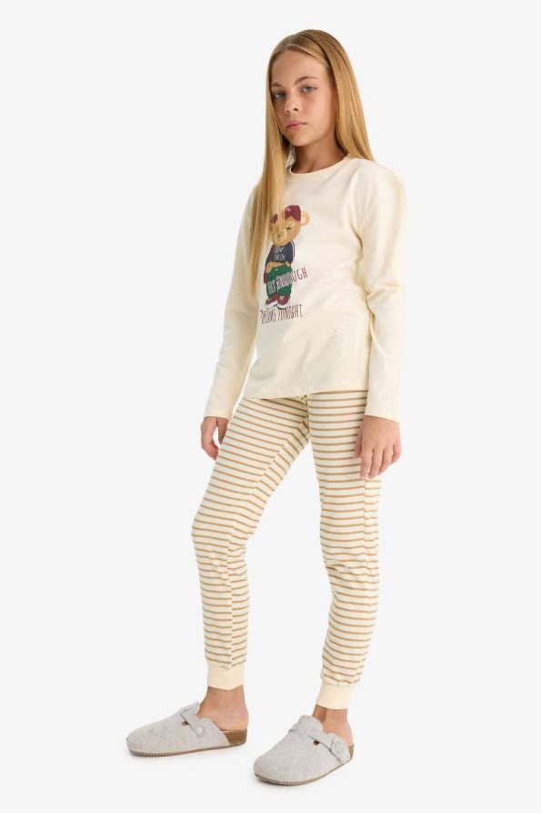 Girls' Printed Long Sleeve Pajama Set with Striped Pants