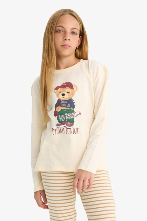 Girls' Printed Long Sleeve Pajama Set with Striped Pants