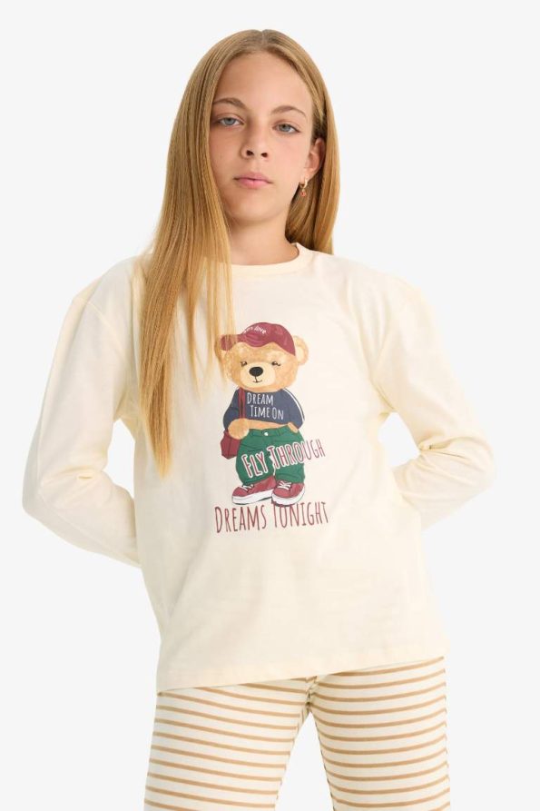 Girls' Printed Long Sleeve Pajama Set with Striped Pants