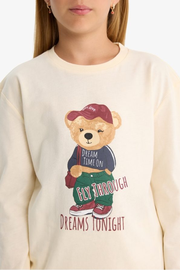 Girls' Printed Long Sleeve Pajama Set with Striped Pants