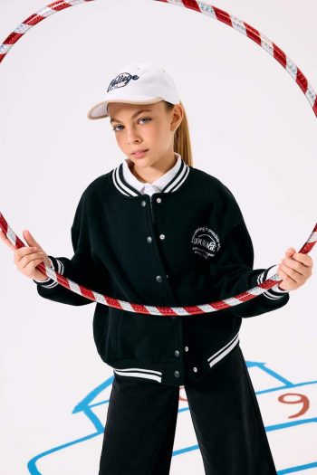 Girls' Printed College Collar Bomber School Cardigan
