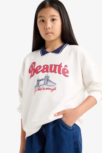 Girls' Relax Fit Printed Polo Neck Sweatshirt
