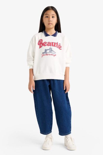 Girls' Relax Fit Printed Polo Neck Sweatshirt