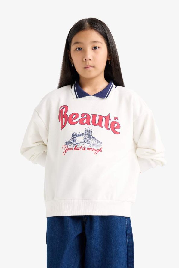 Girls' Relax Fit Printed Polo Neck Sweatshirt