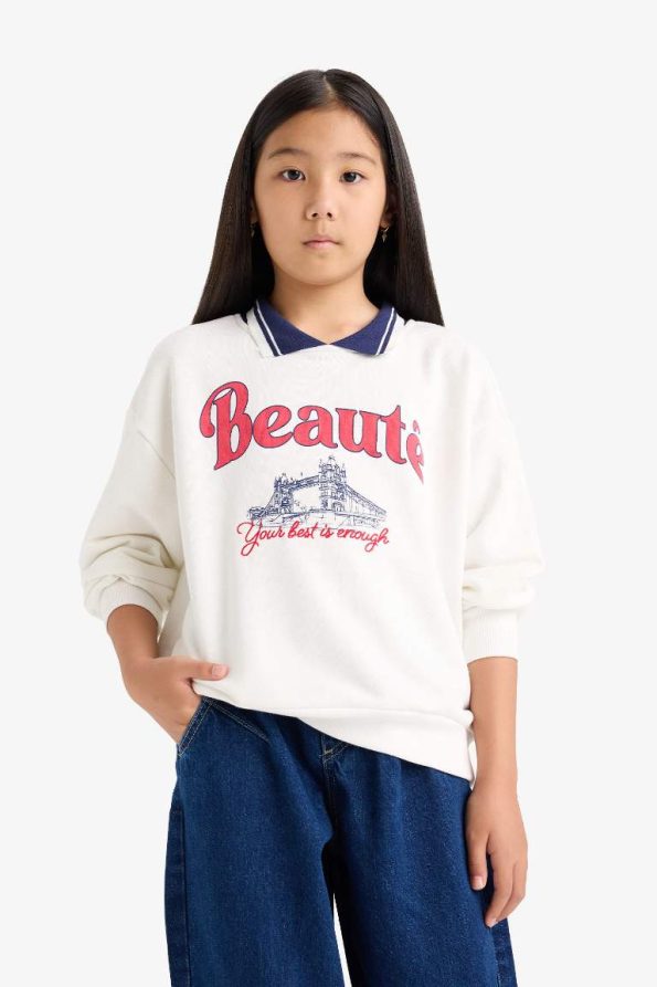 Girls' Relax Fit Printed Polo Neck Sweatshirt