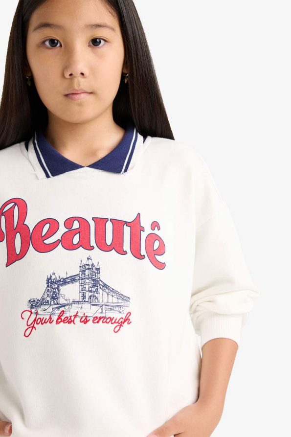 Girls' Relax Fit Printed Polo Neck Sweatshirt