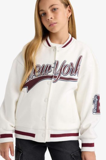 Girls Printed College Collar Bomber Jacket