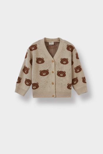 Button-Up Knitted Cardigan with Bear Print for Baby Boys