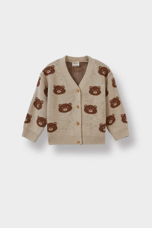 Button-Up Knitted Cardigan with Bear Print for Baby Boys