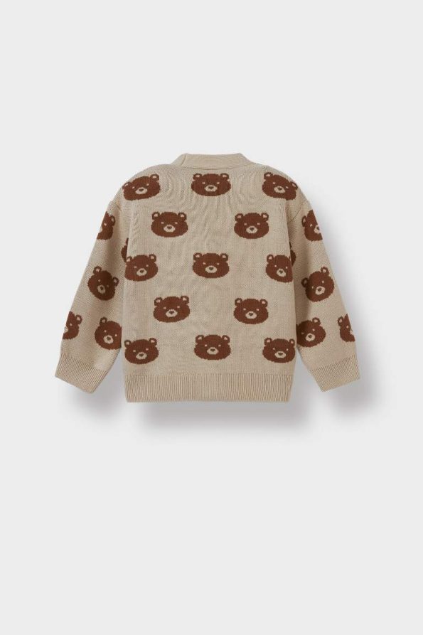 Button-Up Knitted Cardigan with Bear Print for Baby Boys