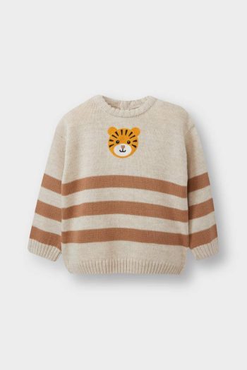 Boys' Striped Tiger Print Crew Neck Sweater
